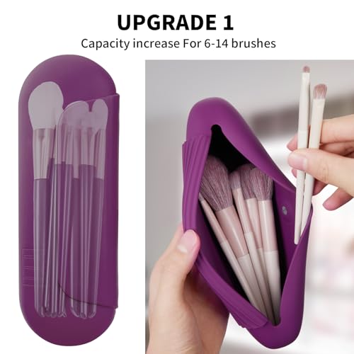 AGIKET Silicone Makeup Brush Holder Travel Cosmetic Bag：Soft Portable Cosmetic Face Brushes Holder with Upgrade Anti-Fall Out Magnetic Closure, Large Travel Makeup Brush Case - Dark Pruple - Image 2