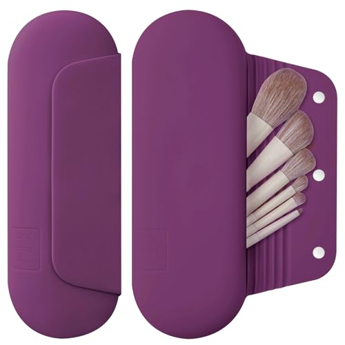AGIKET Silicone Makeup Brush Holder Travel Cosmetic Bag：Soft Portable Cosmetic Face Brushes Holder with Upgrade Anti-Fall Out Magnetic Closure, Large Travel Makeup Brush Case - Dark Pruple - Image 1