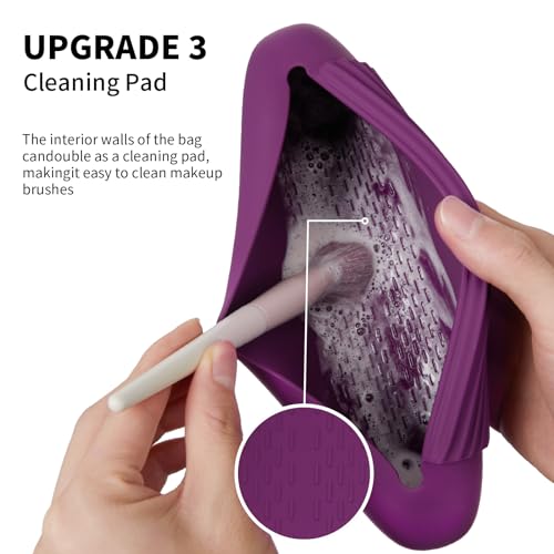 AGIKET Silicone Makeup Brush Holder Travel Cosmetic Bag：Soft Portable Cosmetic Face Brushes Holder with Upgrade Anti-Fall Out Magnetic Closure, Large Travel Makeup Brush Case - Dark Pruple - Image 4