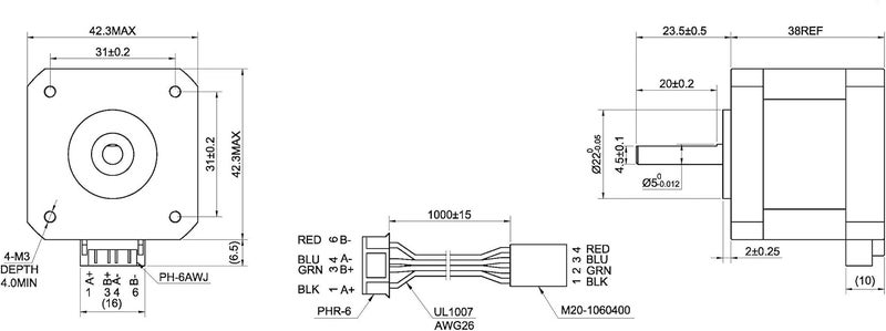 STEPPERONLINE Nema 17 Stepper Motor Bipolar 1.5A 42Ncm 42x42x38mm 1.8deg 4 Wires with 1m Cable and Connector (3 Pack) - Image 3