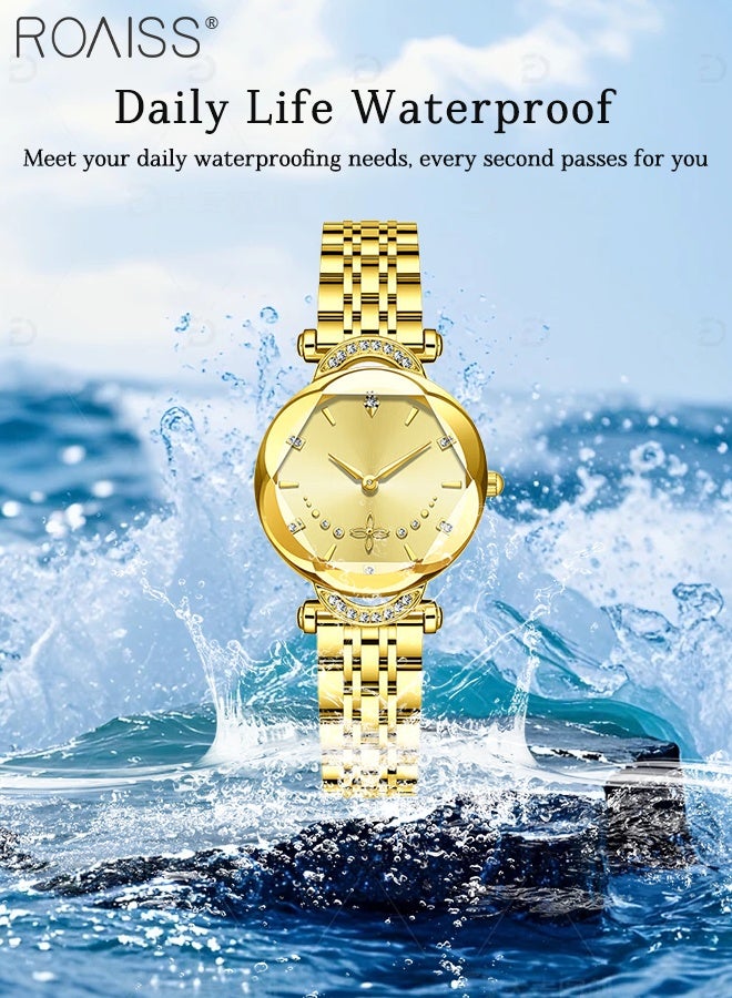 roaiss Luxury Gold Watch for Women, Analog Display Round Dial with Rhinestone Decoration, Dainty Elegant Business Casual Waterproof Wristwatch as Gift for Ladies - Image 5