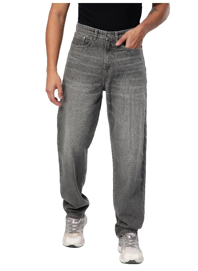 Beyoung Light Grey Whisker Baggy Fit Jeans for Mens