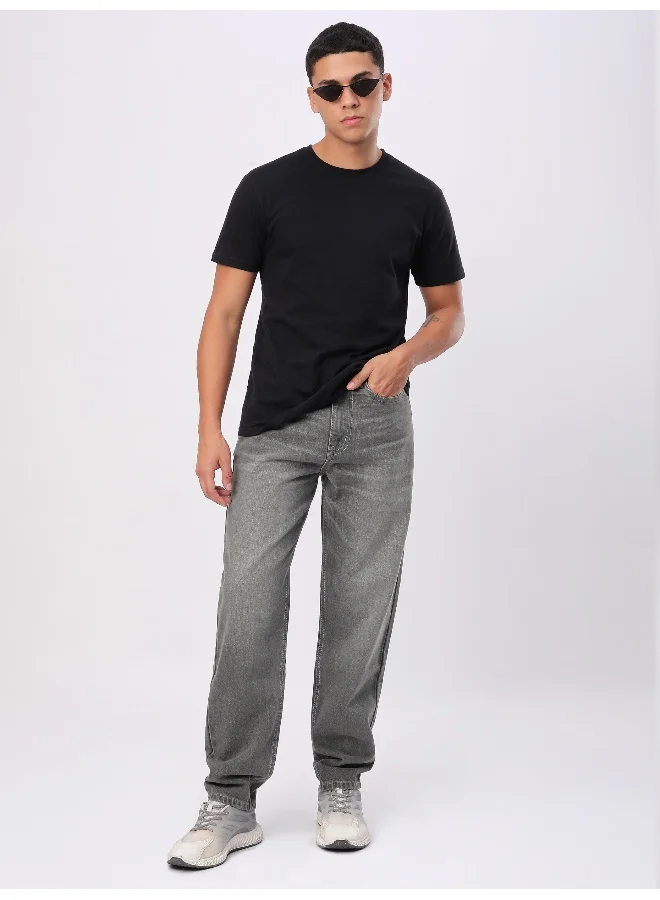 Beyoung Light Grey Whisker Baggy Fit Jeans for Mens