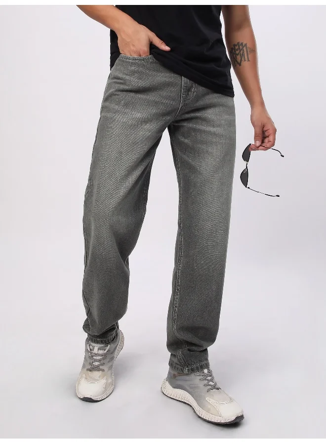 Beyoung Light Grey Whisker Baggy Fit Jeans for Mens