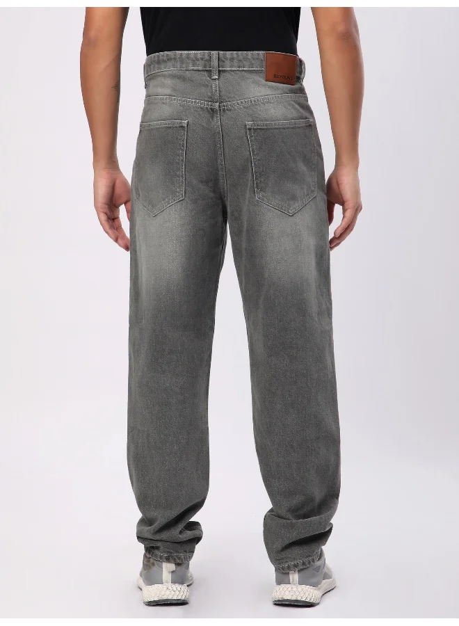 Beyoung Light Grey Whisker Baggy Fit Jeans for Mens