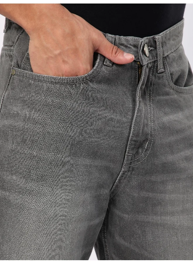 بيونغ Light Grey Whisker Baggy Fit Jeans for Mens