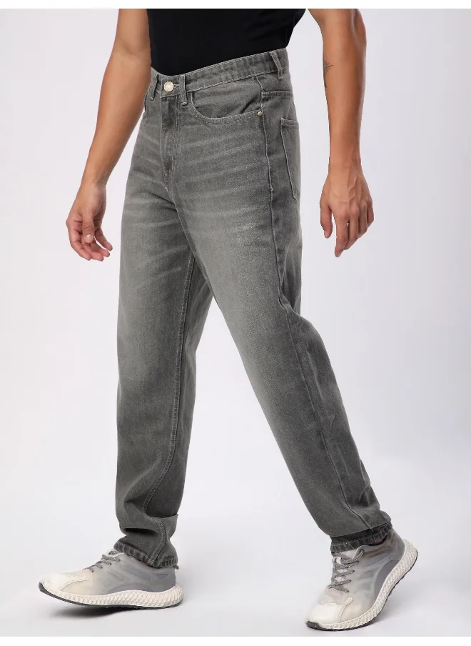 Beyoung Light Grey Whisker Baggy Fit Jeans for Mens