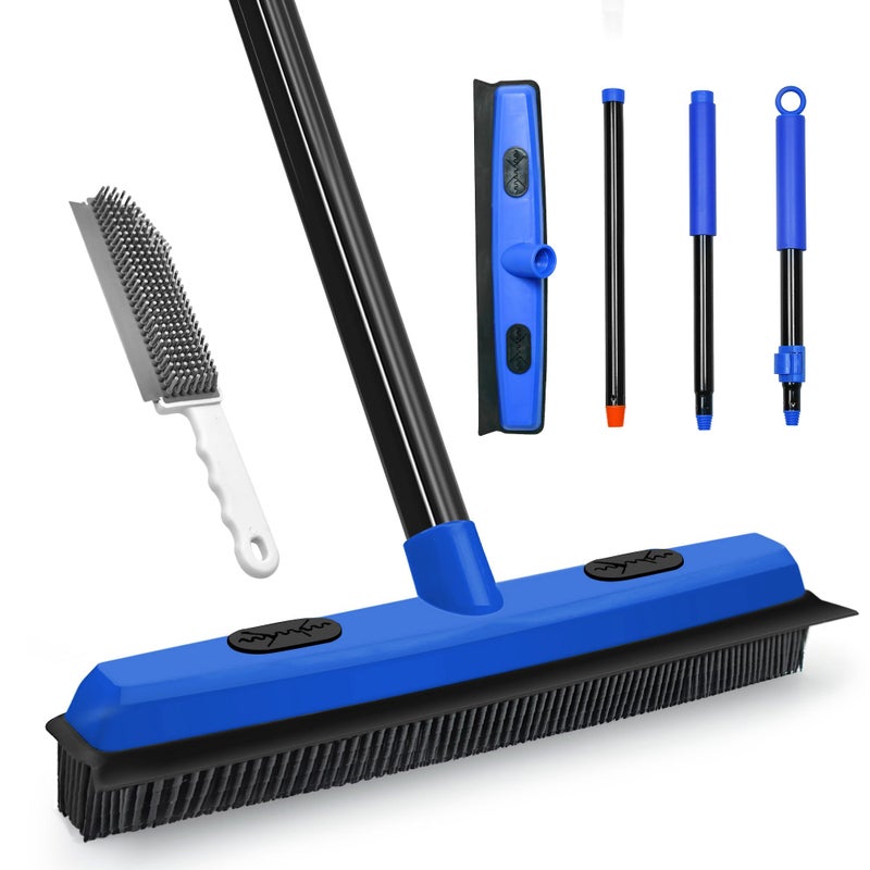 Dolanx Rubber Broom Carpet Brush with Squeegee, Pet Hair Remover with 52.8 inches Long Handle, Detailing Lint Fur Removal Tool, Silicone Rug Rake for Cleaning Hardwood Floor, Tile, Window (Blue) - Image 1