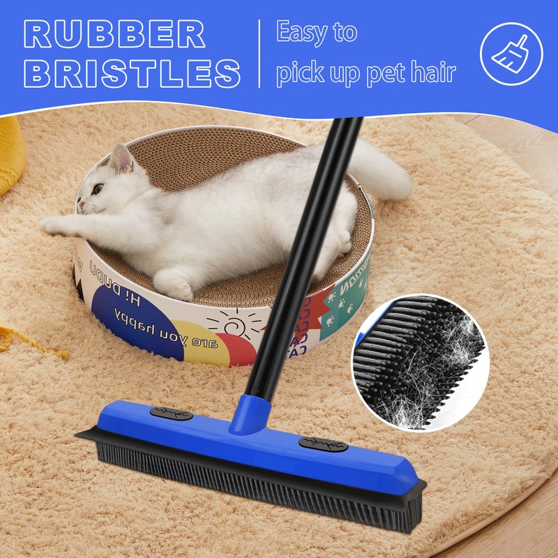 Dolanx Rubber Broom Carpet Brush with Squeegee, Pet Hair Remover with 52.8 inches Long Handle, Detailing Lint Fur Removal Tool, Silicone Rug Rake for Cleaning Hardwood Floor, Tile, Window (Blue) - Image 2