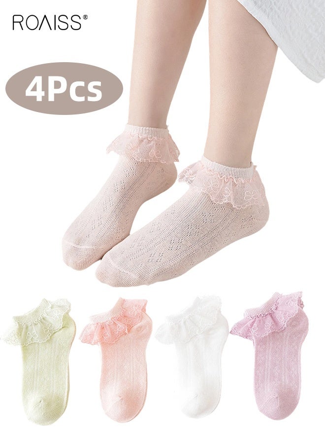رويس مجموعة من 4 أزواج من الجوارب المزركشة، جوارب كاحل من الدانتيل للفتيات، جوارب شبكية منخفضة للفتيات، سهلة التنسيق مع الملابس - Image 1