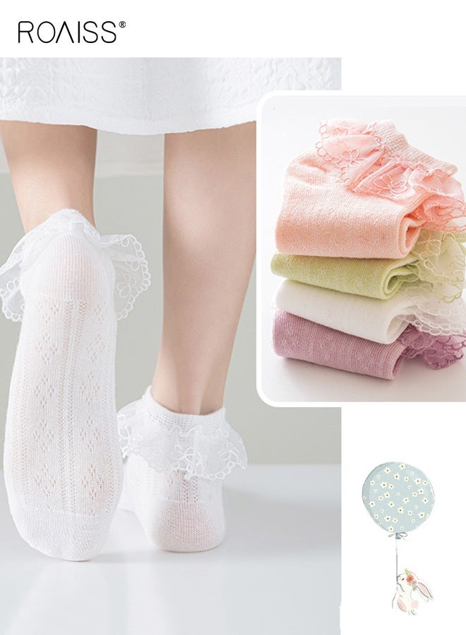 رويس مجموعة من 4 أزواج من الجوارب المزركشة، جوارب كاحل من الدانتيل للفتيات، جوارب شبكية منخفضة للفتيات، سهلة التنسيق مع الملابس - Image 4