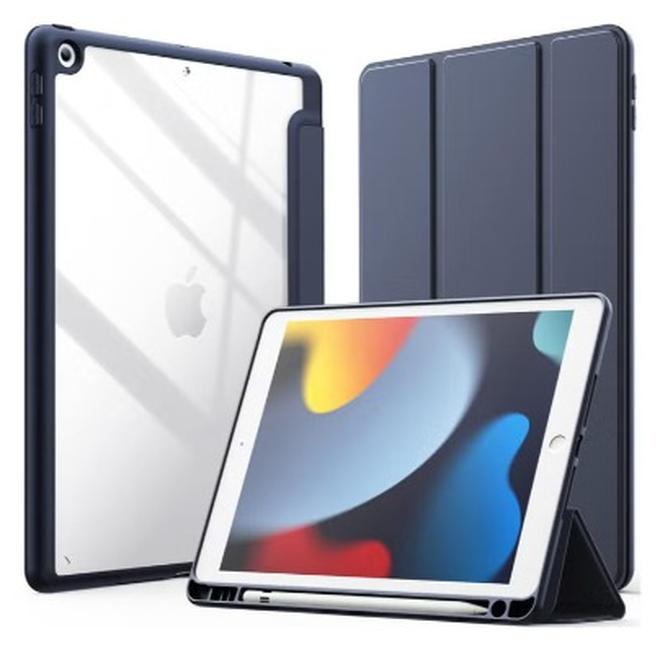 حافظة لجهاز iPad مقاس 10.2 بوصة (الجيل التاسع/الثامن/السابع، 2021/2020/2019)، غطاء خلفي شفاف مقاوم للصدمات مع حامل قلم مدمج، خاصية السكون/التنشيط التلقائي (أزرق داكن) - Image 1