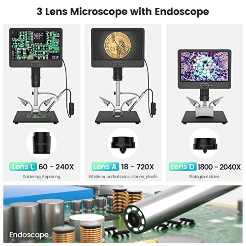 Andonstar AD249S-M 3 Lens HDMI Digital Microscope 2000x with Endoscope, 2160P UHD Video Record 10.1 Inch LCD, Soldering Electronic Microscope, Coin Biological, Windows Compatible - Image 2
