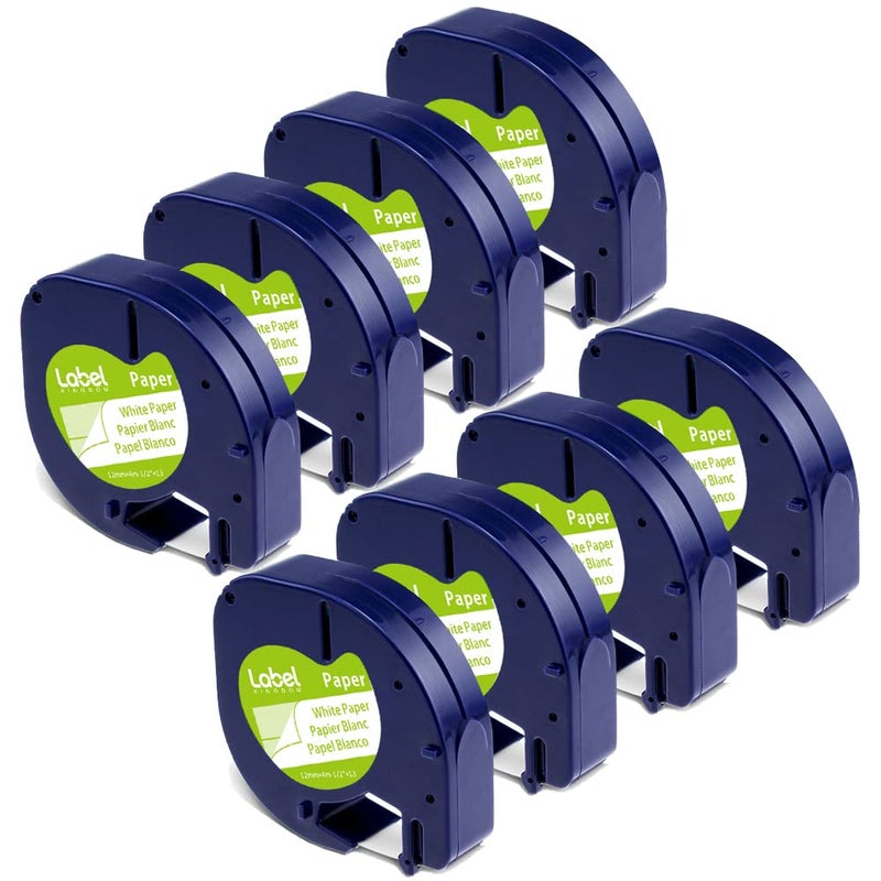 Label Kingdom 8 Pack Tape Replace For Dymo Letratag 91330 10697 Paper Refills, Black On White 1/2 Inch X 13 Ft Self-Adhesive Labeling Tape For Letra Tag Lt-100T Lt-100H Plus Qx50 Lt-200B Label Maker - Image 1