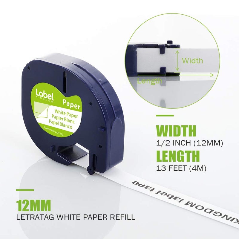 Label Kingdom 8 Pack Tape Replace For Dymo Letratag 91330 10697 Paper Refills, Black On White 1/2 Inch X 13 Ft Self-Adhesive Labeling Tape For Letra Tag Lt-100T Lt-100H Plus Qx50 Lt-200B Label Maker - Image 4