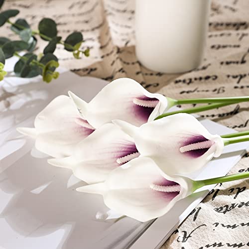 Duovlo 20pcs Calla Lily Bridal Wedding Bouquet Lataex Real Touch Artificial Flower Home Party Decor (Purple in White) - Image 5
