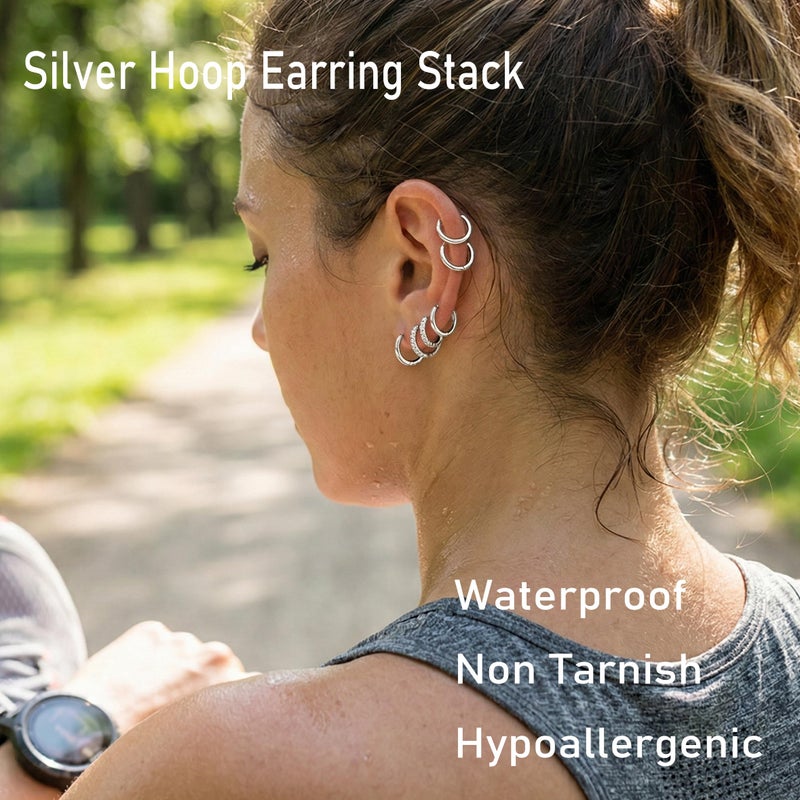 Poxtex Silver Small Hoop Earrings for Women Stacks Silver Huggie Hoop Earrings Set for Multiple Piercing Lightweight Mini Cute Cartilage Rook Conch Daith Double Piercing Jewelry Gifts for Women Waterproof Clip On - Image 3
