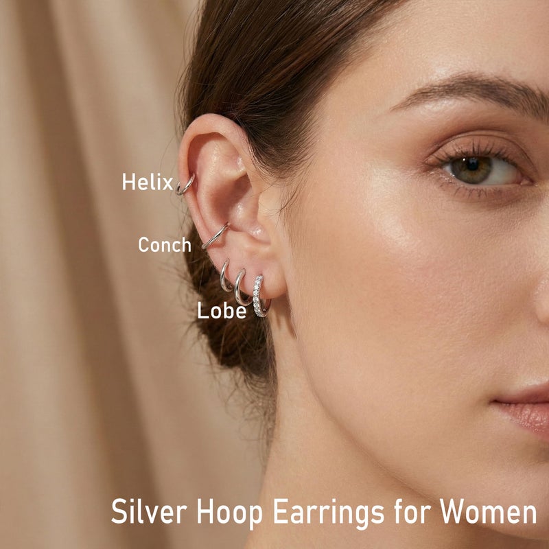Poxtex Silver Small Hoop Earrings for Women Stacks Silver Huggie Hoop Earrings Set for Multiple Piercing Lightweight Mini Cute Cartilage Rook Conch Daith Double Piercing Jewelry Gifts for Women Waterproof Clip On - Image 4