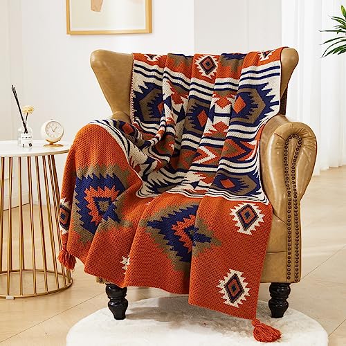 AIVIA Chair Throw Blankets, Acrylic Knitted Southwest Tribal Bed Couch Sofa Blanket, Native American Southwestern Soft Warm Throw Navaho Living Room Bedroom (Rusted Brown Navy White, 60”x80”) - Image 1