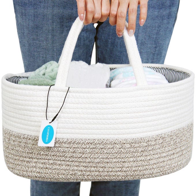 CADDY ORGANIZE WOVEN HAMPER COTTON ROPE BASKET CADDY FOR STORAGE 100 COTTON TOWEL BASKET WITH HANDLE PORTABLE BAG LIGHT BROWN 1428771