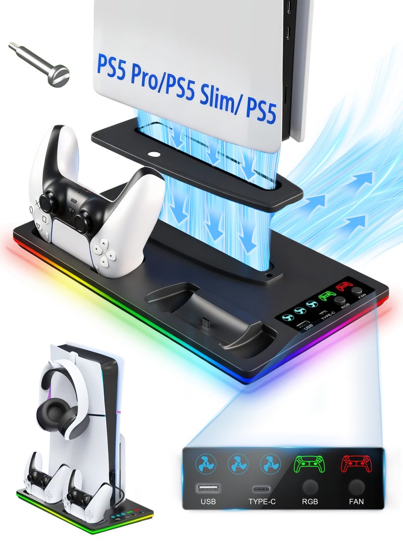 Xkimos PS5 Cooling Stand with Dual Controller Charging Dock and LED Light, Turbo Fan, 3 USB Hub Compatible with PlayStation 5 Standard Slim Pro Disc and Digital Consoles, PS5 Accessories for Gaming Setup and Home Use - Image 1