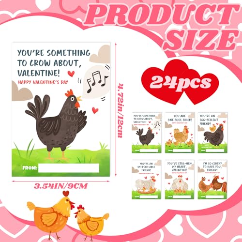 Demonwer 24 Pcs Valentine's Day Cards Cute Chicken Greeting Cards Chicken Valentine's Day Gift Tags Exchange Gifts for Party Favor - Image 2