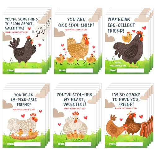 Demonwer 24 Pcs Valentine's Day Cards Cute Chicken Greeting Cards Chicken Valentine's Day Gift Tags Exchange Gifts for Party Favor - Image 1