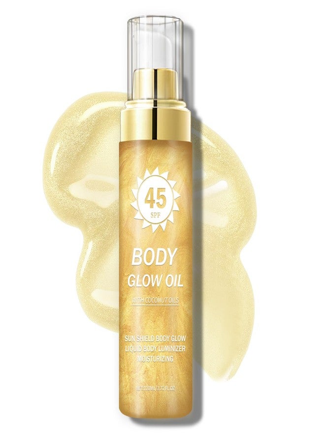 QIUFSSE Body Glow Oil,SPF 45 Broad Spectrum,Body Shimmer Oil with Gold Mica,Glitter Sunscreen with Coconut,Lightweight Non-Sticky,Water Resistant,Glowing Results,3.72 fl oz,GOLD - Image 1