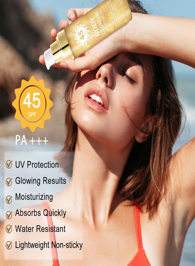 QIUFSSE Body Glow Oil,SPF 45 Broad Spectrum,Body Shimmer Oil with Gold Mica,Glitter Sunscreen with Coconut,Lightweight Non-Sticky,Water Resistant,Glowing Results,3.72 fl oz,GOLD - Image 4
