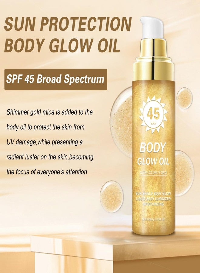 QIUFSSE Body Glow Oil,SPF 45 Broad Spectrum,Body Shimmer Oil with Gold Mica,Glitter Sunscreen with Coconut,Lightweight Non-Sticky,Water Resistant,Glowing Results,3.72 fl oz,GOLD - Image 2