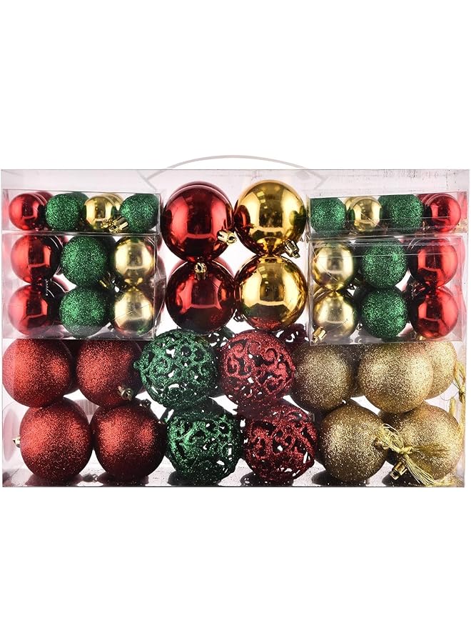 The Bros 100 كرة زينة شجرة عيد الميلاد، مجموعة زينة شجرة عيد الميلاد غير قابلة للكسر مع عبوة هدايا قابلة لإعادة الاستخدام للزينة في عطلة عيد الميلاد (ذهبي، أحمر، أخضر) - Image 1