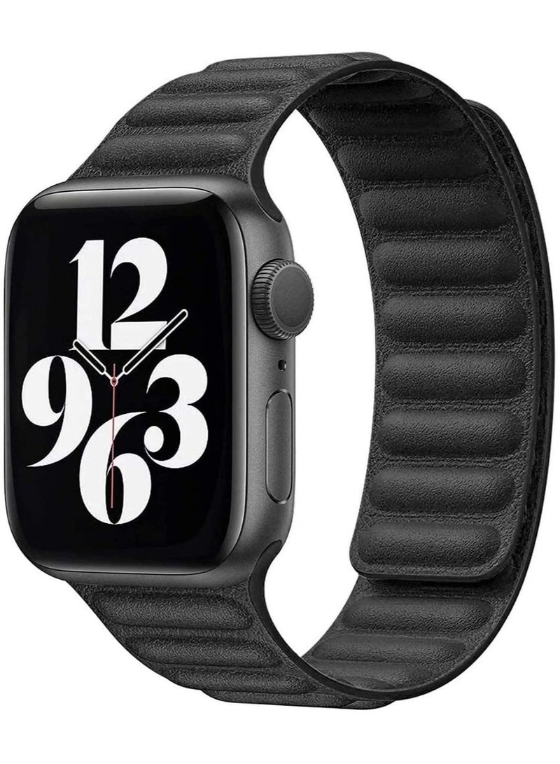 Leather Strap for Apple Watch 42mm/44mm, Adjustable Genuine Leather Loop Wristband with Strong Magnetic Closure for Apple Watch Series 1,2,3,4,5,6,SE,(Black) - Image 1
