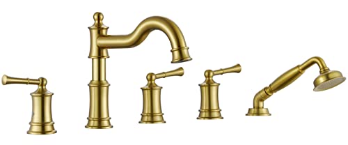 WINKEAR Roman Tub Faucet Set With Handheld Shower 5 Hole Deck Mount Tub Filler With Diverter, 3 Lever Handle Rough-in Valve and Water Supply Lines Included for Bathroom Tub, Brushed Gold - Image 1