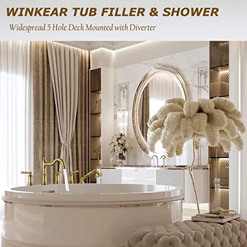 WINKEAR Roman Tub Faucet Set With Handheld Shower 5 Hole Deck Mount Tub Filler With Diverter, 3 Lever Handle Rough-in Valve and Water Supply Lines Included for Bathroom Tub, Brushed Gold - Image 2