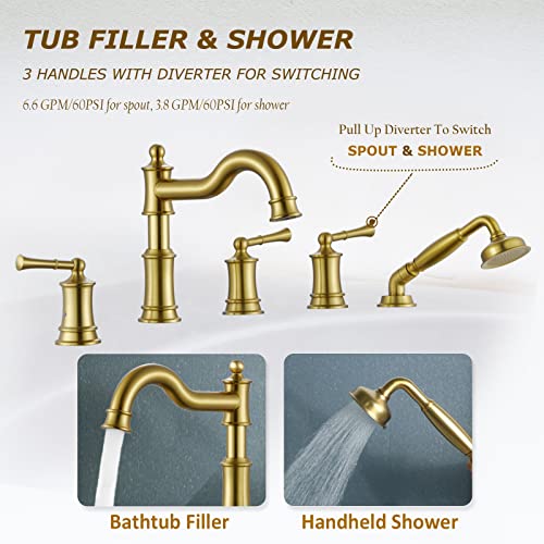WINKEAR Roman Tub Faucet Set With Handheld Shower 5 Hole Deck Mount Tub Filler With Diverter, 3 Lever Handle Rough-in Valve and Water Supply Lines Included for Bathroom Tub, Brushed Gold - Image 3