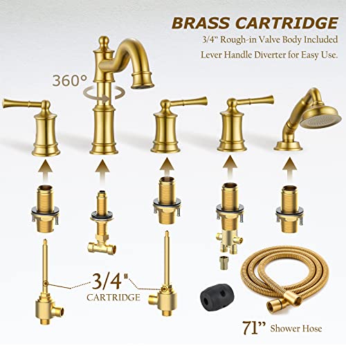 WINKEAR Roman Tub Faucet Set With Handheld Shower 5 Hole Deck Mount Tub Filler With Diverter, 3 Lever Handle Rough-in Valve and Water Supply Lines Included for Bathroom Tub, Brushed Gold - Image 5