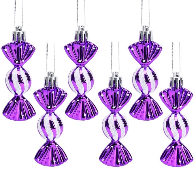 PACK OF 680MM 32 MINI SWEET SHAPED BAUBLES SHINY GLITTER DECORATED CHRISTMAS TREE DECORATIONS PURPLE