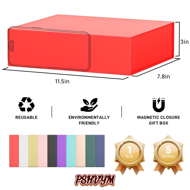 PSHVYM Gift Boxes with Lids, 11.5x7.8x3 In Red Gift Box for Presents Magnetic Closure for T-Shirts, Gloves, Scarves, Books, Baby Clothes, Robes Clothing Gift Wrap, Contains Card, Ribbon - Image 2
