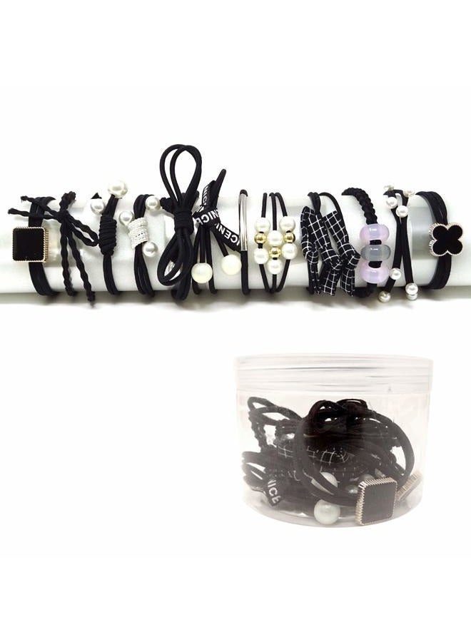 HONBAY Fashion Hair Accessories 12PCS Korean Cute Elastic Hair Ties Pearl Hair Bands Bowknot Hair Ropes Ponytail Holders (Black) - Image 1
