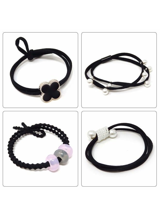 HONBAY Fashion Hair Accessories 12PCS Korean Cute Elastic Hair Ties Pearl Hair Bands Bowknot Hair Ropes Ponytail Holders (Black) - Image 4