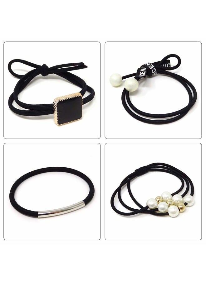 HONBAY Fashion Hair Accessories 12PCS Korean Cute Elastic Hair Ties Pearl Hair Bands Bowknot Hair Ropes Ponytail Holders (Black) - Image 3