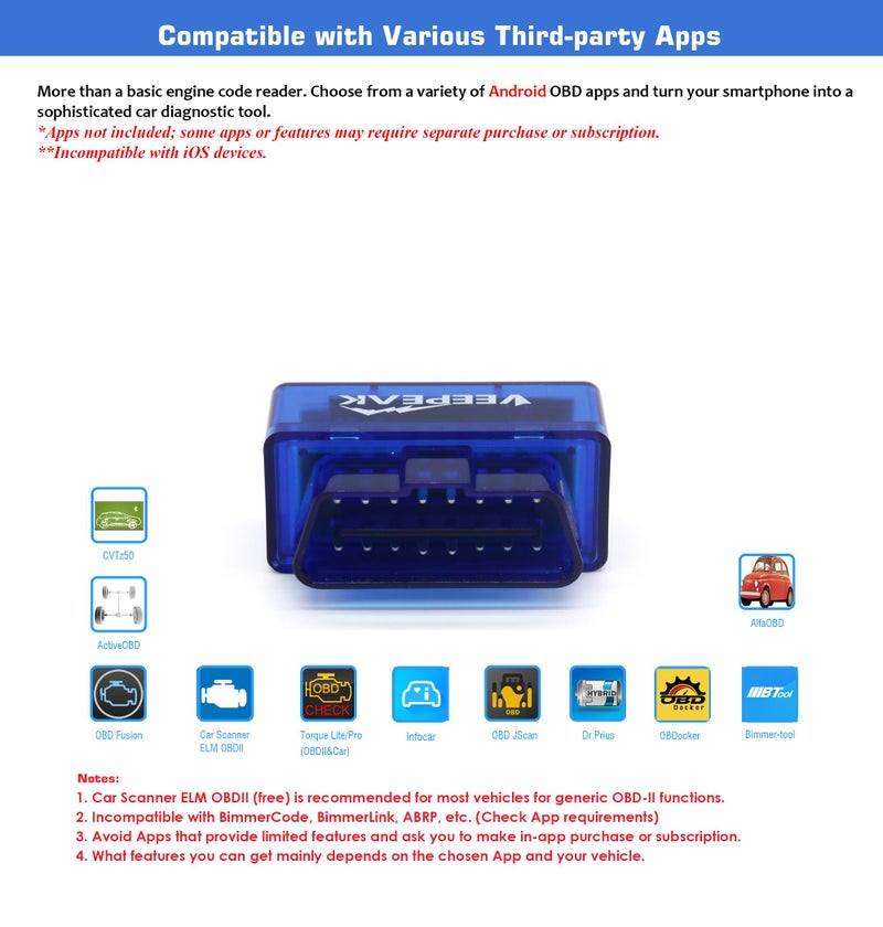 Veepeak Mini Bluetooth OBD II Scanner for Android (Incompatible with iOS), Car Wireless Check Engine Light Code Reader OBD Diagnostic Scan Tool - Image 2