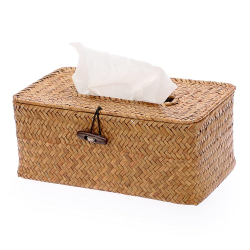 Shonmogar Tissue Box Cover Rectangle Seagrass Tissue Box, Woven Tissue Box Holder with Lid, Farmhouse Style Tissue Cover for Bathroom Toilet Living Room Bedroom Kitchen Table Desk Office Car, Caramel - Image 1