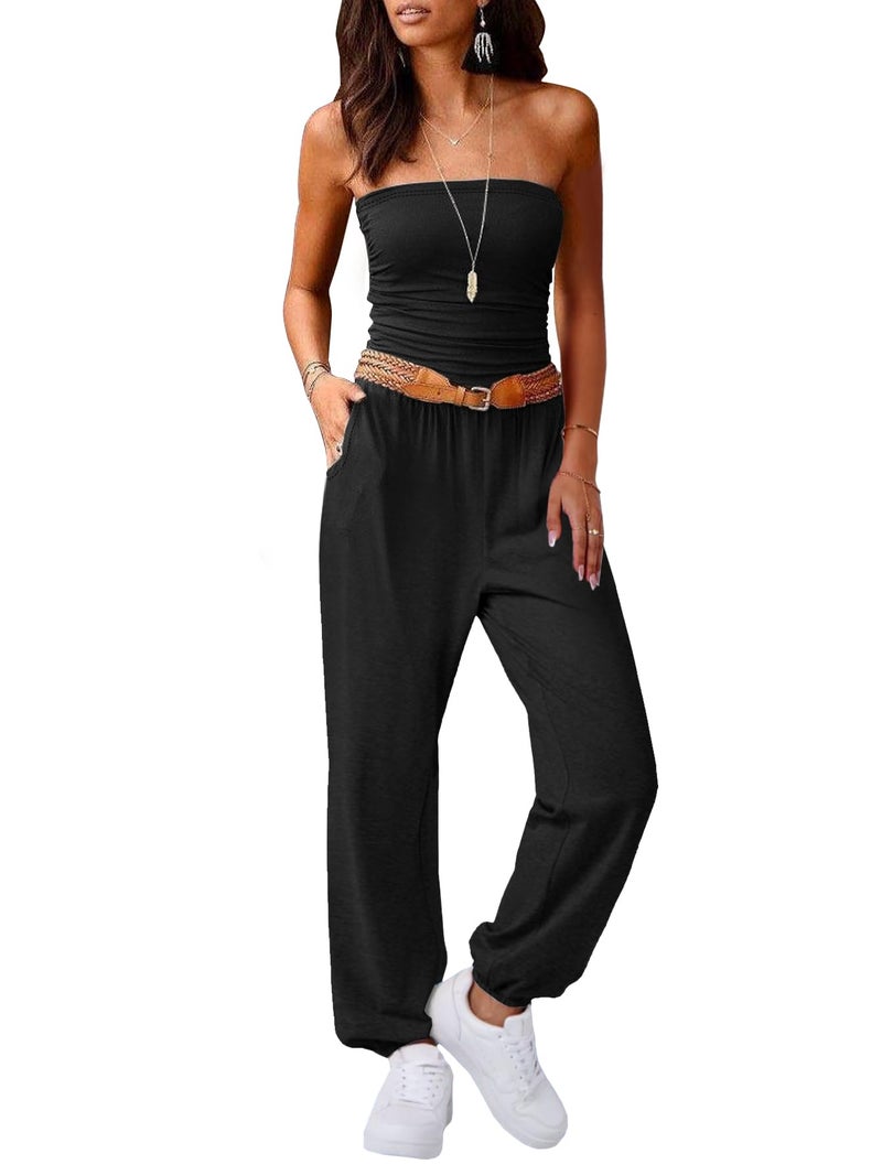 AUXDIO Casual Jumpsuits for Women Strapless Sleeveless Backless Long Pants Romper with Pocket Wedding Black S - Image 4