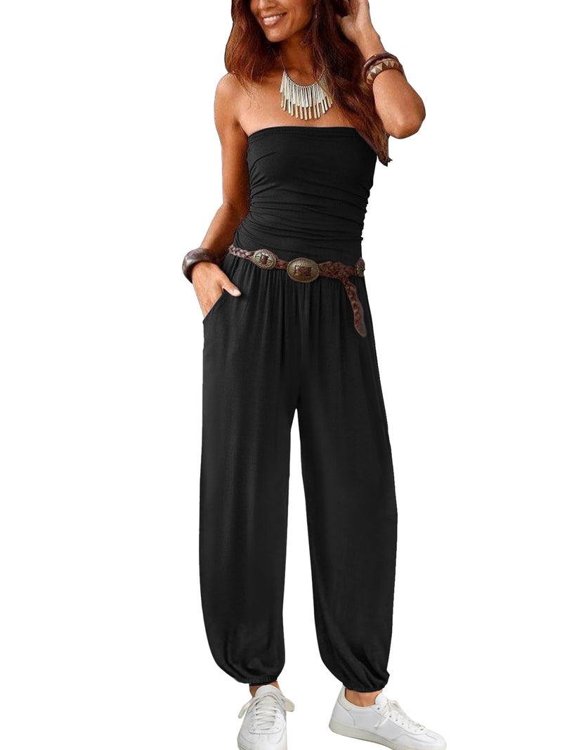 AUXDIO Casual Jumpsuits for Women Strapless Sleeveless Backless Long Pants Romper with Pocket Wedding Black S - Image 3