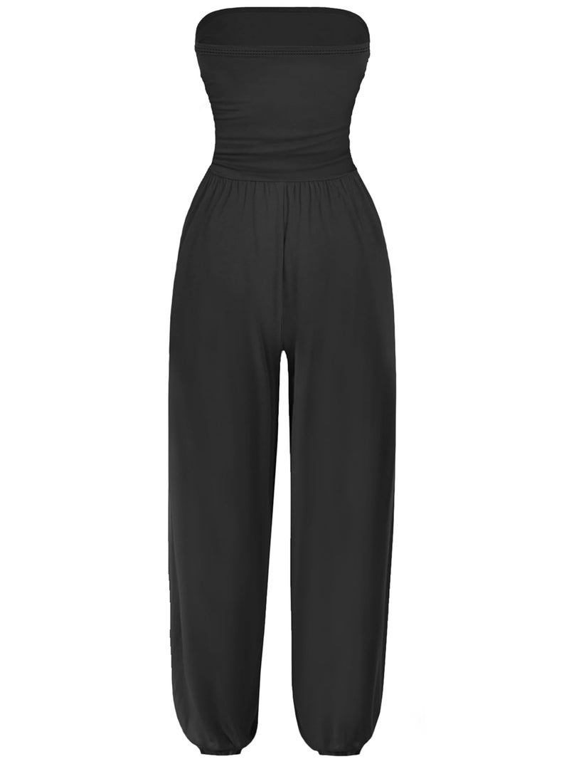 AUXDIO Casual Jumpsuits for Women Strapless Sleeveless Backless Long Pants Romper with Pocket Wedding Black S - Image 2