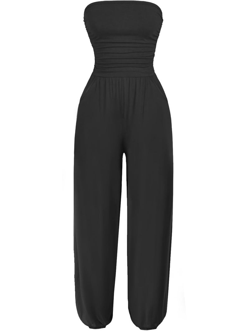 AUXDIO Casual Jumpsuits for Women Strapless Sleeveless Backless Long Pants Romper with Pocket Wedding Black S - Image 1