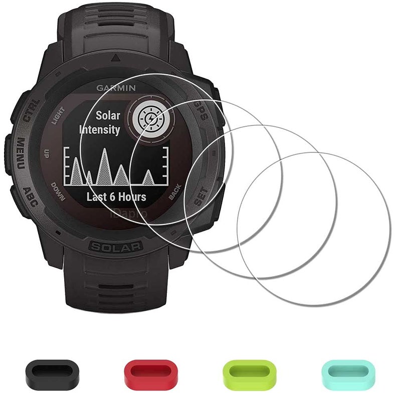 iDaPro[4 Pcs Screen Protector for Garmin Instinct Solar Tactical/Instinct Tactical/Instinct Watch(Not for Instinct 2/2s/2x/3/E) + Silicone Anti-dust Plugs,Tempered Glass Anti-Scratch Bubble-Free - Image 1