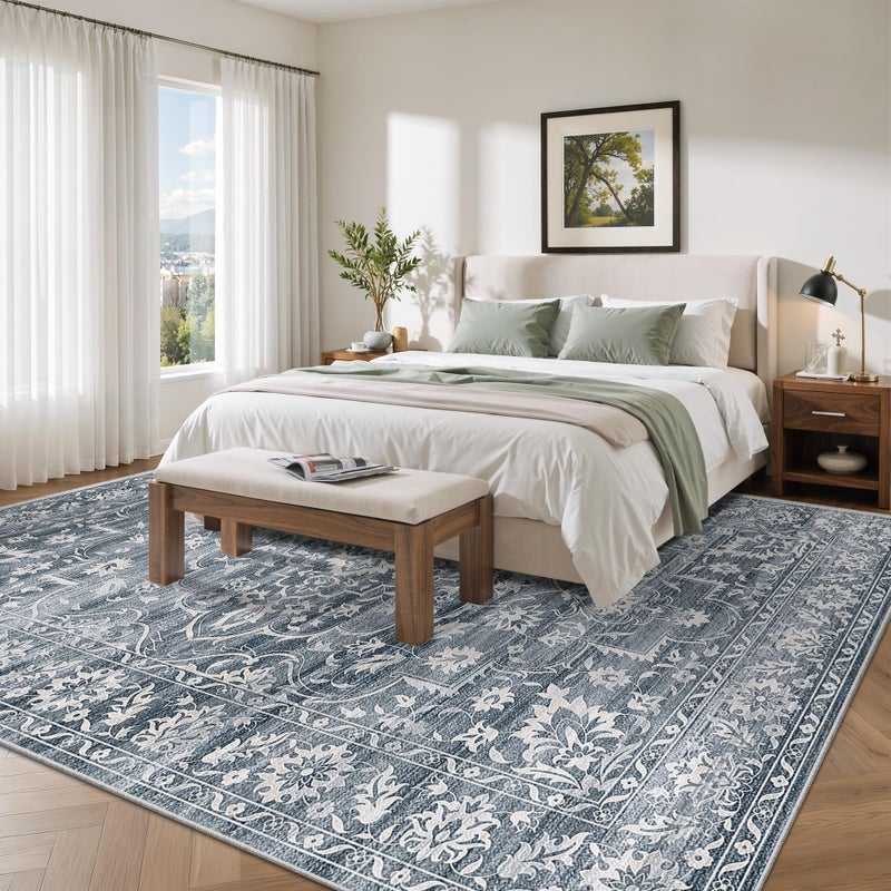 Soalmost 8x10 Washable Area Rugs for Living Room, Vintage Floral Stain Resistant Non-Slip Low Pile Natural Rug Soft Throw Large Carpet for Dining Room Bedroom Home Office (Blue, 8'x10') - Image 2