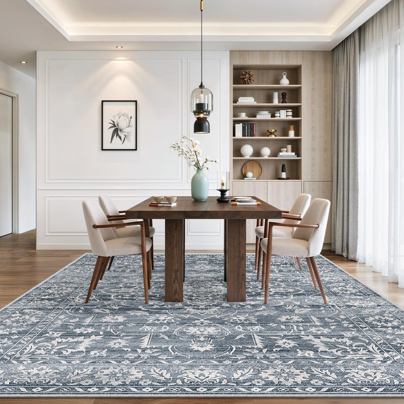 Soalmost 8x10 Washable Area Rugs for Living Room, Vintage Floral Stain Resistant Non-Slip Low Pile Natural Rug Soft Throw Large Carpet for Dining Room Bedroom Home Office (Blue, 8'x10') - Image 3
